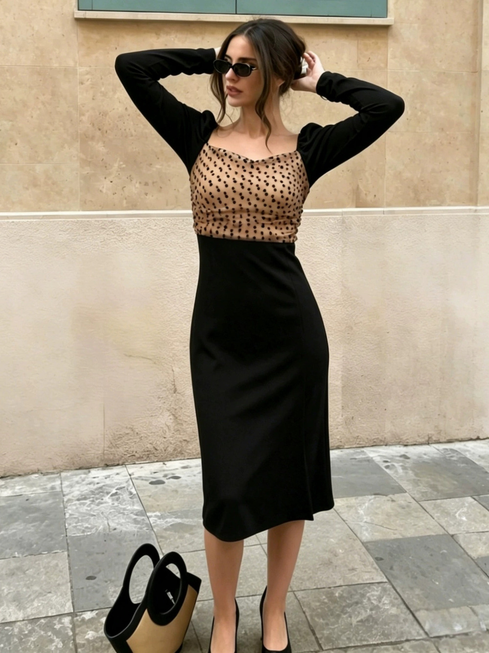 ZARA French Square Neck Polka Dot Long Sleeve Midi Dress